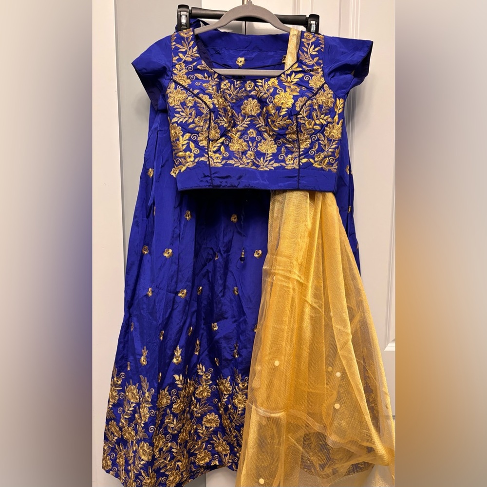Royal Blue Gold Embroidered Lengha with Dupatta, size 32,26 waist, skirt 39 in.